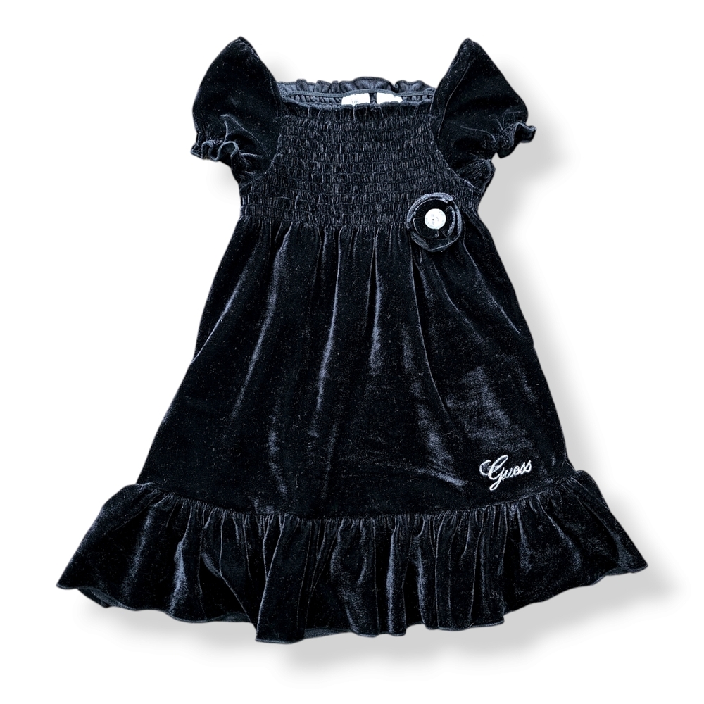 Guess Black Lux Velvet Smocked Dress with  Pop-Out Bejeweled Flower Size 4T